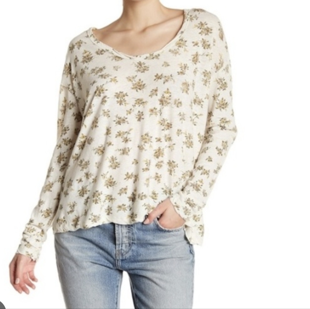 Current Elliott Linen long sleeve scoop neck floral cotton cottage core Tee M